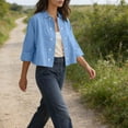 thumbnail image 5 of Summer Casual Beach Linen Blend 3/4 Sleeve Collared Double Button Tops Womens Loose Cropped Cardigan Blouses, #02 Light Blue, S, 5 of 7