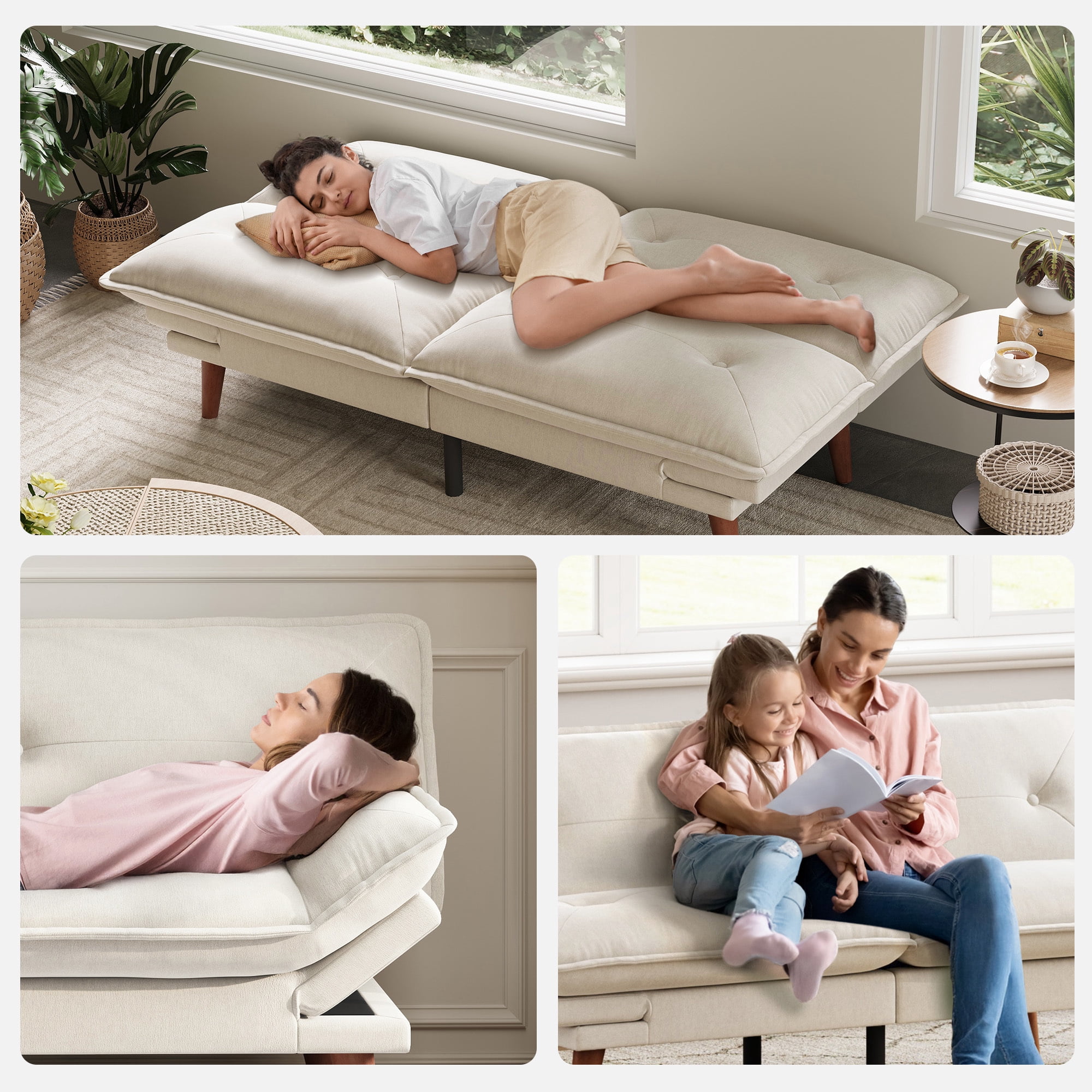 LINSY HOME Futon Sofa Bed , Loveseat Sofa Bed with Adjustable Armrests for Apartment, Small Living Place, Beige