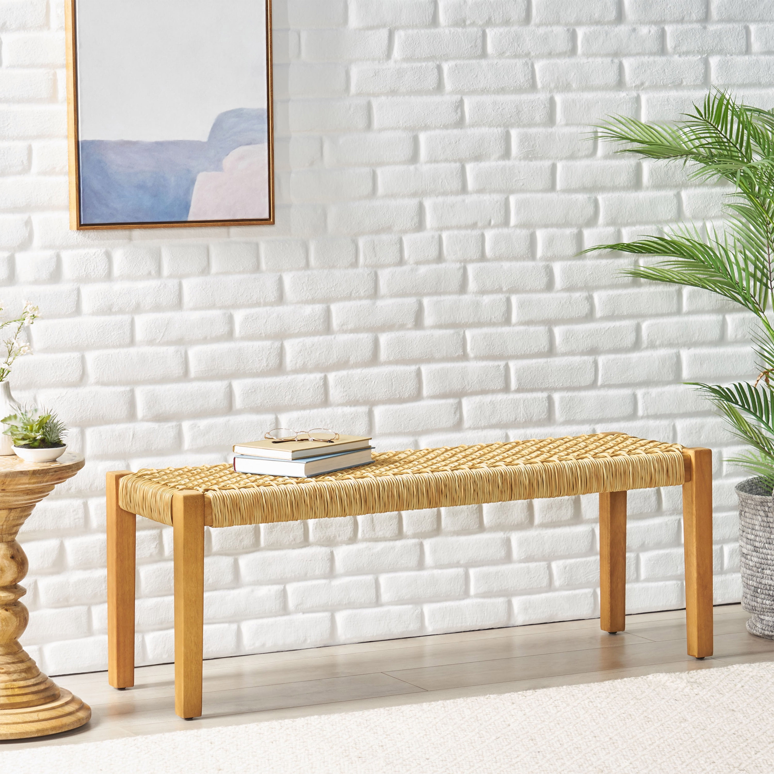 Outdoor Backless Garden Bench, Acacia Wood Public Rest Seat for Patio Garden, Teak Brown
