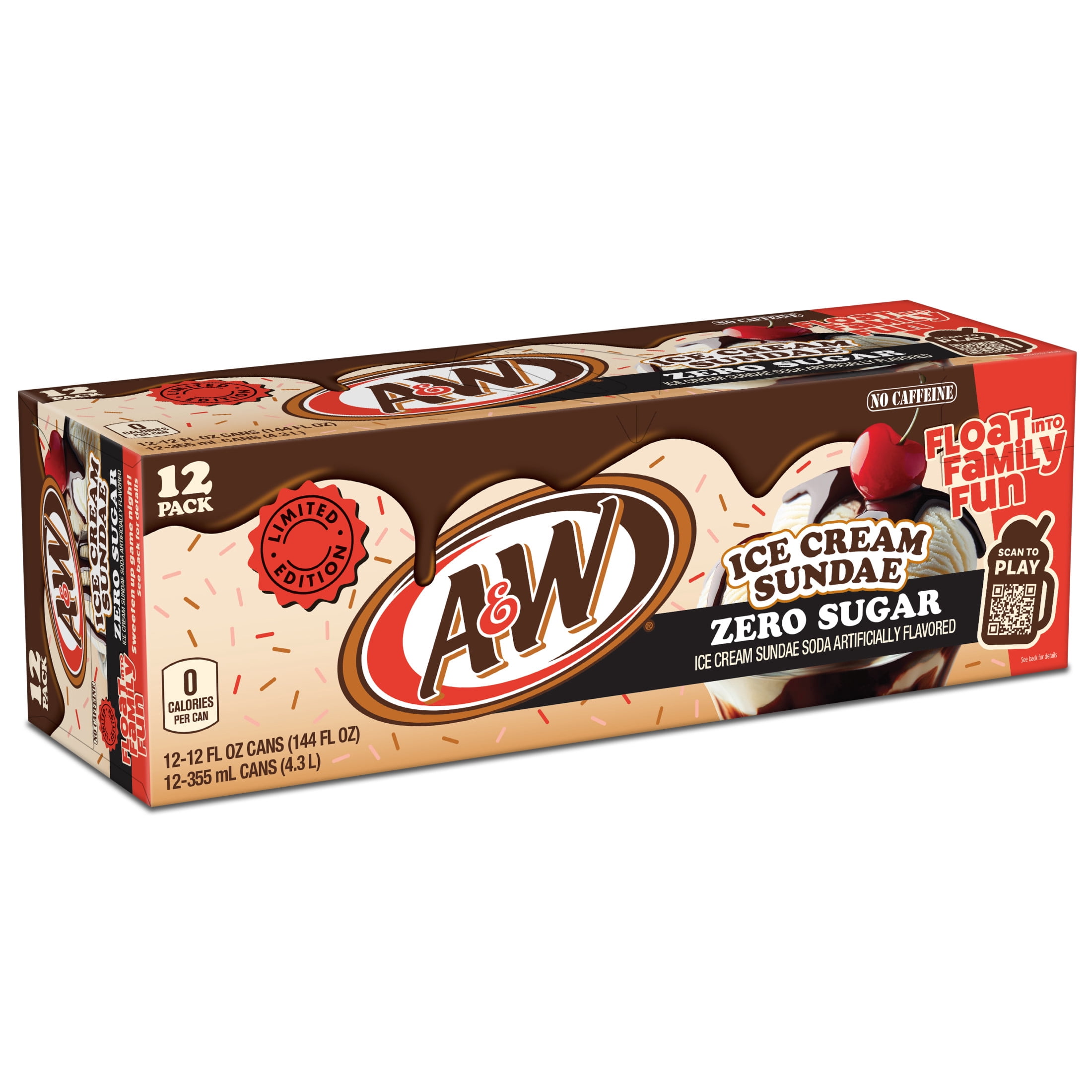 A&W Ice Cream Sundae Zero Sugar Soda Pop, 12 fl oz, 12 Pack Cans