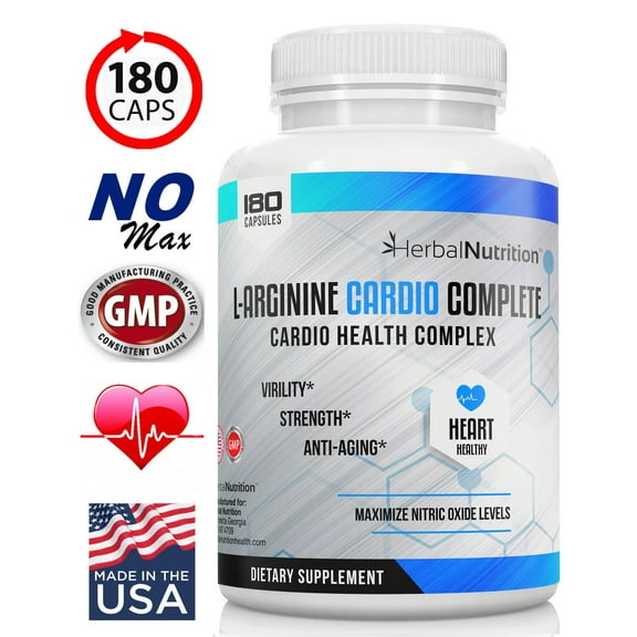 Nitrate Oxide Booster L-Arginine Cardio Complete 1500mg Cardio Support Blend & Nitric Oxide Booster One 180 Count Bottle