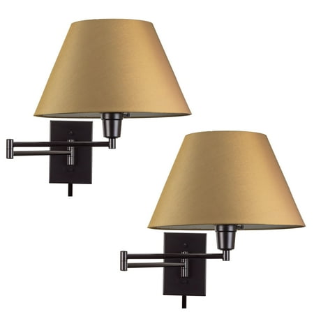 

Kira Home Cambridge 13 Swing Arm Wall Lamp - Plug In/Wall Mount + Golden Bronze Fabric Shade 150W 3-Way Black 2-Pack