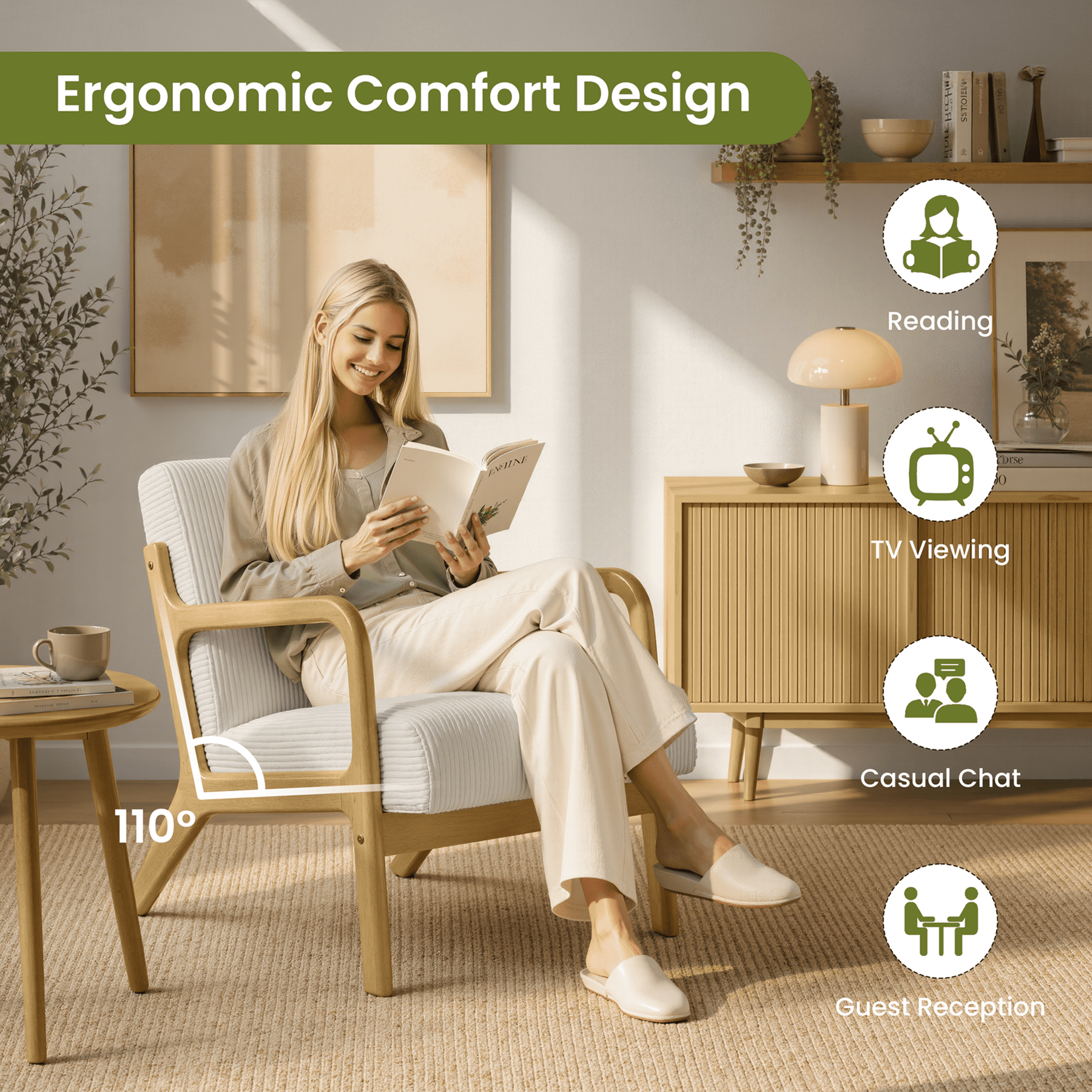 Renwick Mid-Century Corduroy Accent Chair, Modern Armchair with Wood Frame and Pillow for Living Room Bedroom Furniture, Set of 2, Beige