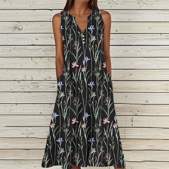 Xdegoge Womens Summer Dresses Flowy A-Line Fit V-Neck Midi Dresses Sleeveless Bohemian Dress Floral Print with Pockets Casual Beach Holiday Vacation