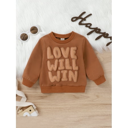 

Little Boys Girls Casual Pullover 1T 2T 3T 4T Loose Long Sleeve Round Neck Letter Embroidered Sweatshirt Top (Khaki 18-24 Months)