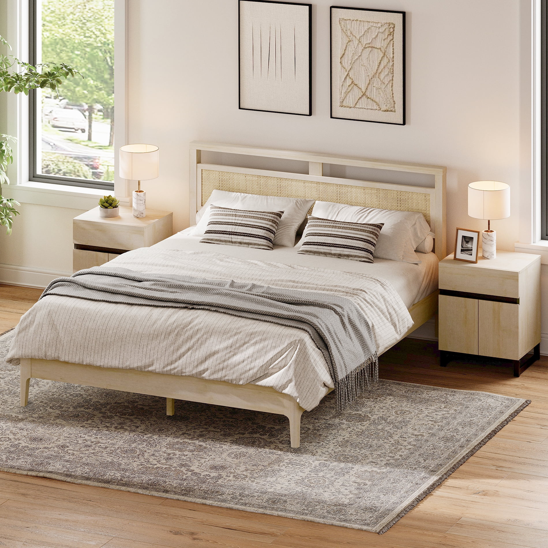 Queen Size Bed Frame with Rattan Headboard, Wooden Bed Frame with Solid Wood Legs and Multiple Mid-Position Supporting Beams for Bedroom Furniture, Quiet and Stable, Beige
