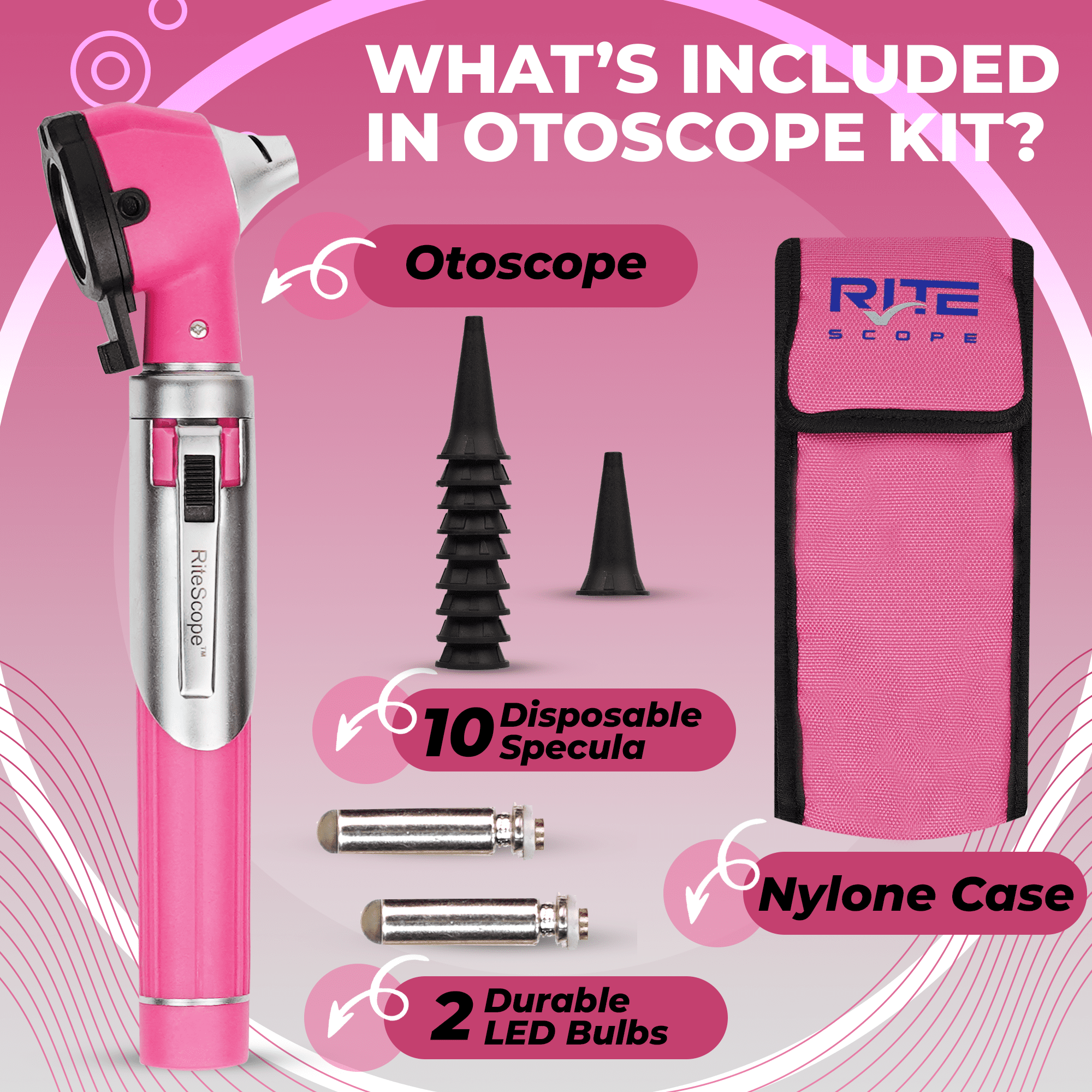 RiteScope Otoscope with Light - Compact Size - Pink