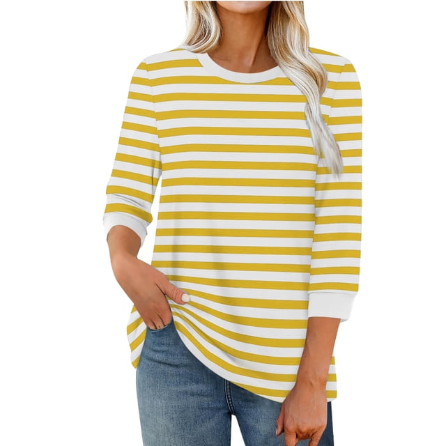 cfhntfmh Chemises à Rayures d'Automne pour Femmes Coupe Ample Hauts Décontractés T-Shirts à Col Rond Mode T-Shirt à Manches 3/4 Vêtements Confort