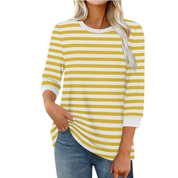 fatyb Womens 3/4 Sleeve Tops Crewneck Stripe Casual T Shirts Loose Print Dressy Tee Blouses for Women