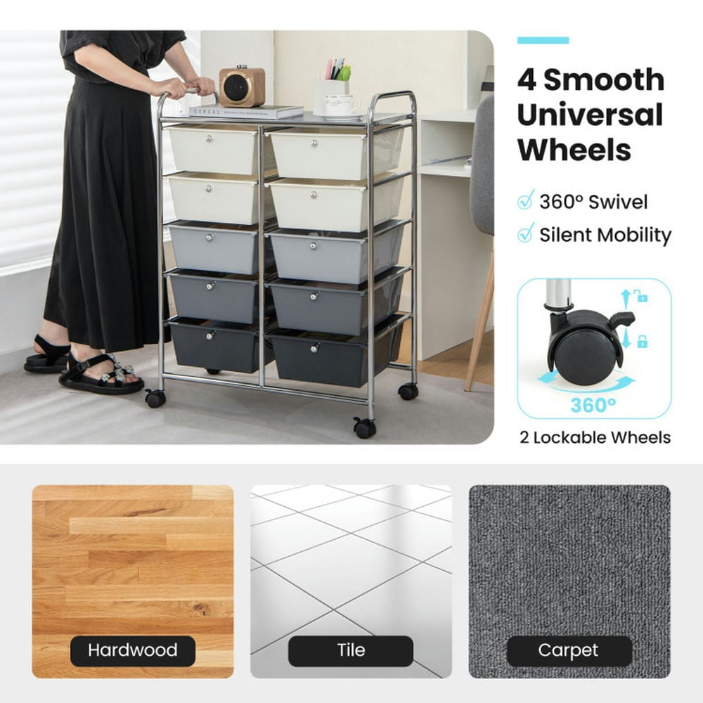 Canddidliike 10-Drawer Rolling Storage Cart, Craft Organizers and Storage, Multipurpose Organizer Cart for Home, Office, School, Beige & Gray