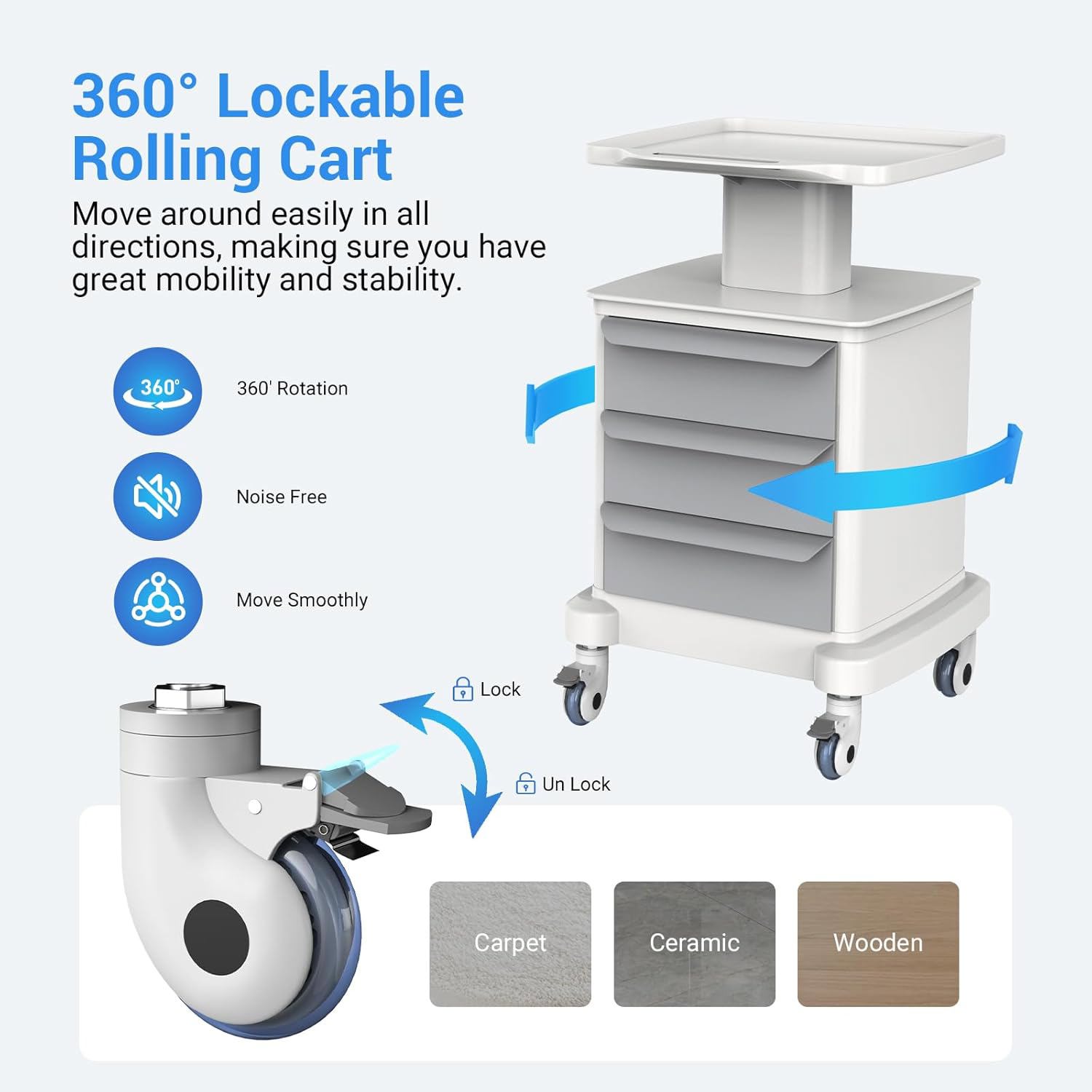 Joreek Mobile Ultrasound Cart with Wheels Medical Cart with 3 Drawers Ultrasound Imaging Scanner Vehicle Rolling Utility for Hospital Office Salon