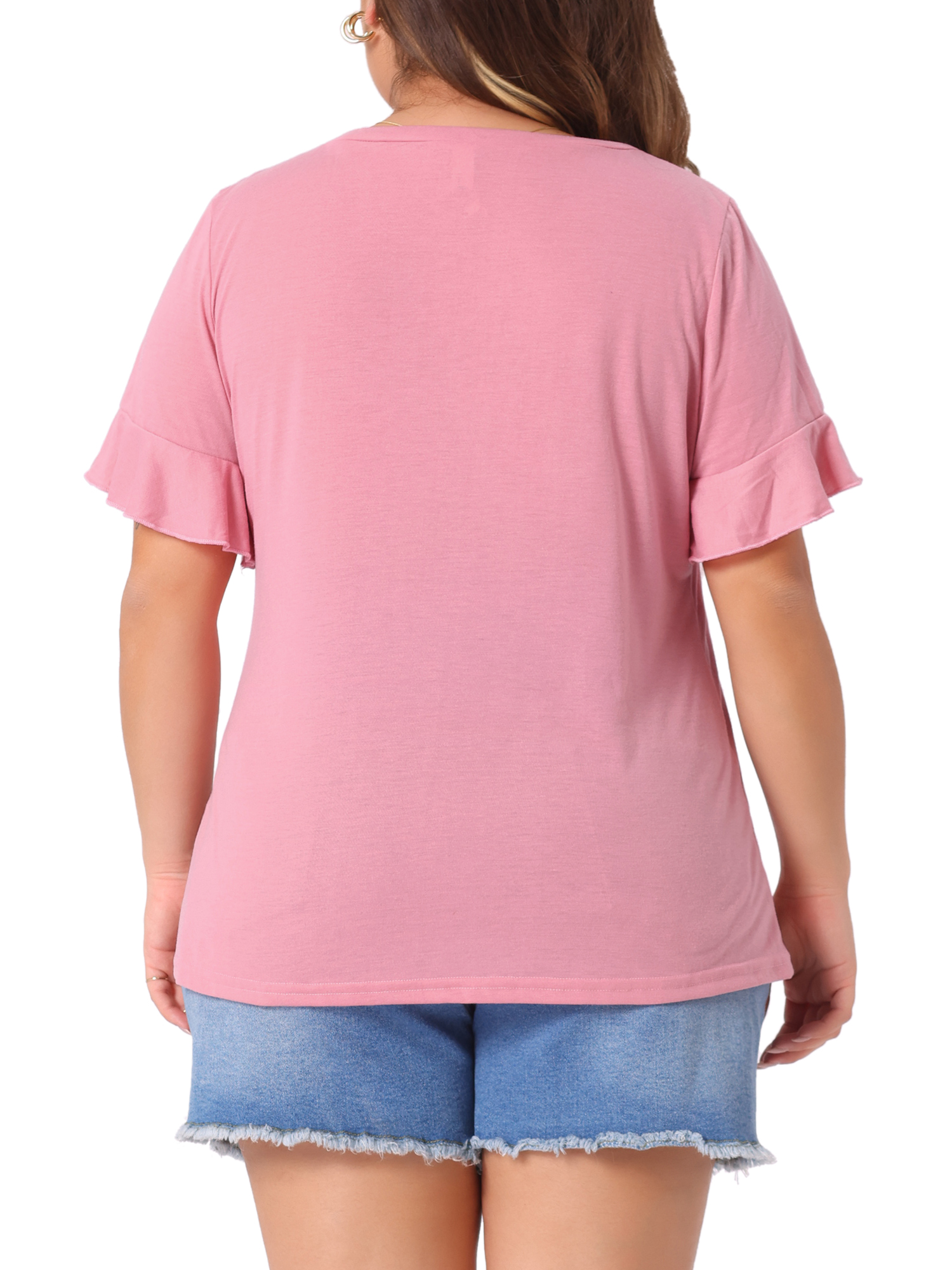 DARING DIVA Women's Plus Plain Crew Neck Ruffle Short Sleeves Blouse 2X Pink