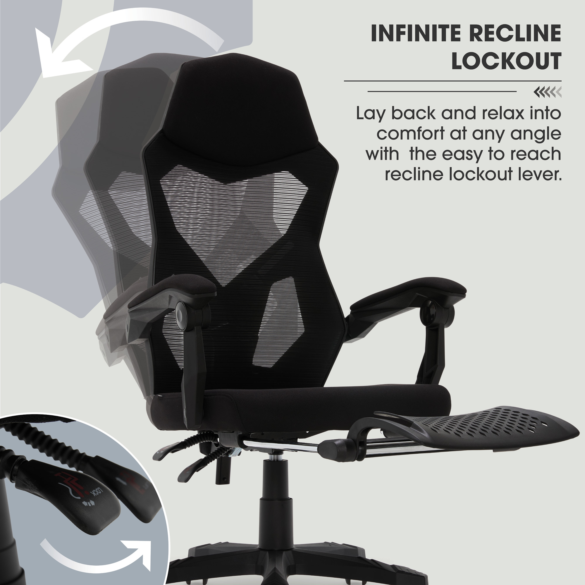 Gamer Gear Mesh Adjustable Back Office Chair with Footrest, 275 lb. Capacity, Black