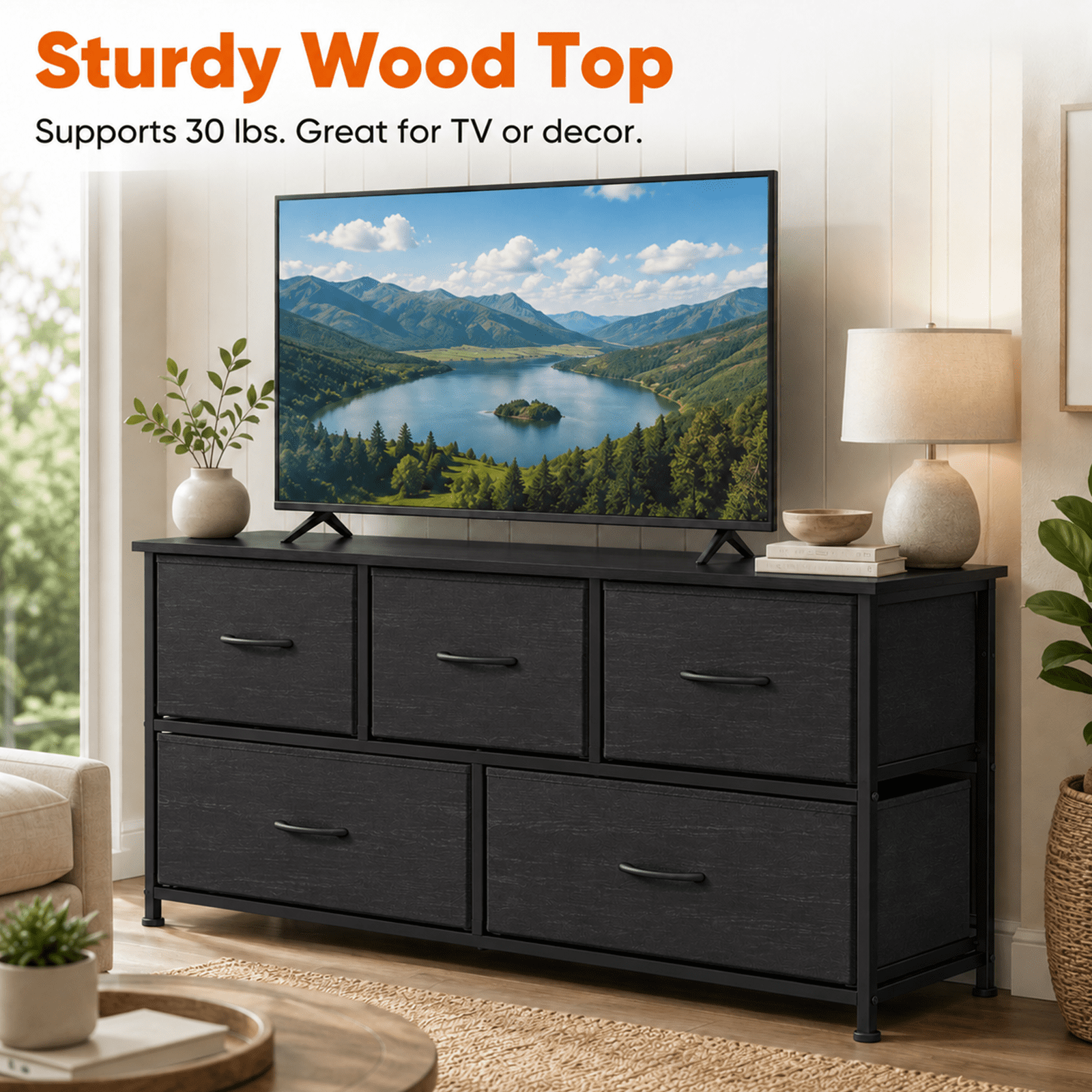 Alvantor Dresser for Bedroom with 4/5 Storage Drawers, Dressers Chest of Drawers Fabric Dresser with Sturdy Steel Frame, Wooden Top Cabinet Night Stand Dresser for Closet