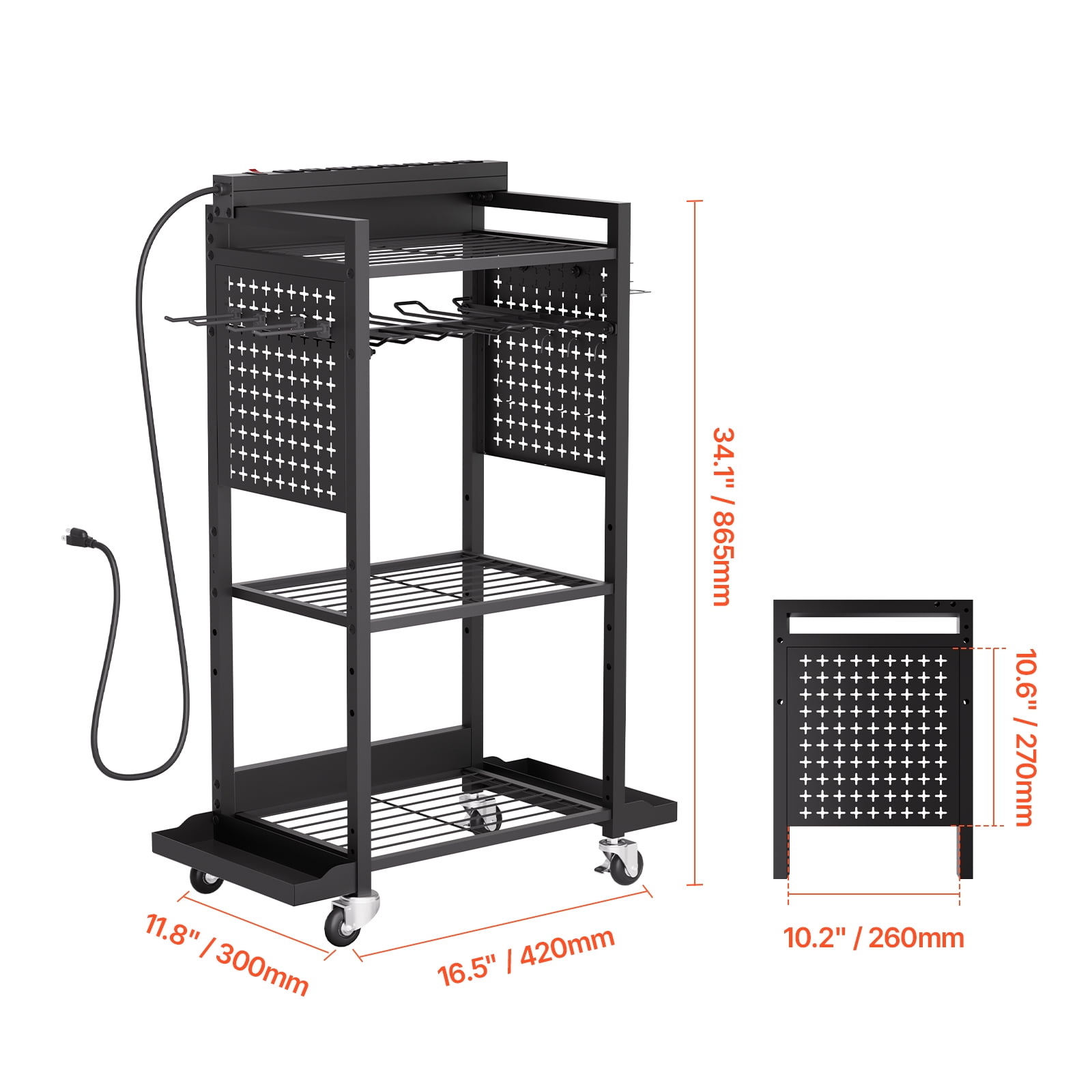 VEVOR 4-tier Tool Organizer Cart with Charging Station, 8 AC Outlet, Floor Stand Rolling Drill Holder and Tool Battery Storage Rack on Wheels, Garage Floor Rolling Storage Cart for Workshop, Garage