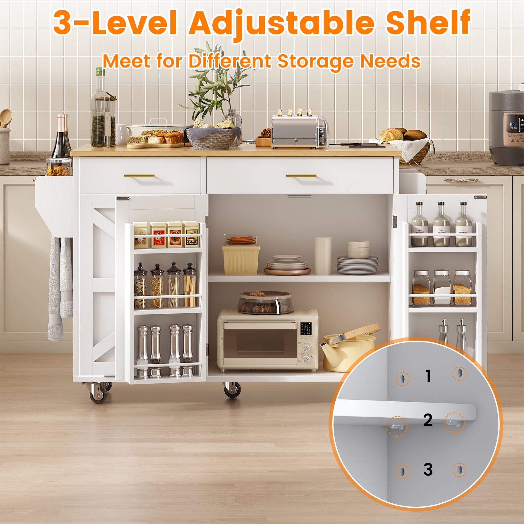 Meteorleg Kitchen Island with Power Outlets & Trash Cabinet, 2 Drawer Modern Buffet Cabinet Sideboard Coffee Bar for Dining Room Living Room, White