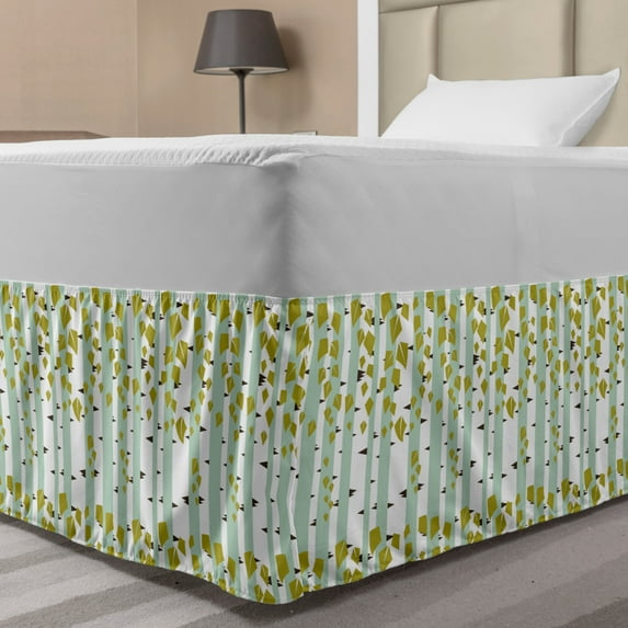 Abstract Bed Skirt, Vertical Geometric Stripes in Forest Birch Willow Tree Leaf Graphic, Elastic Bedskirt Dust Ruffle Wrap Around for Bedding Decor, 4 Sizes, Almond Green Khaki White, by Ambesonne