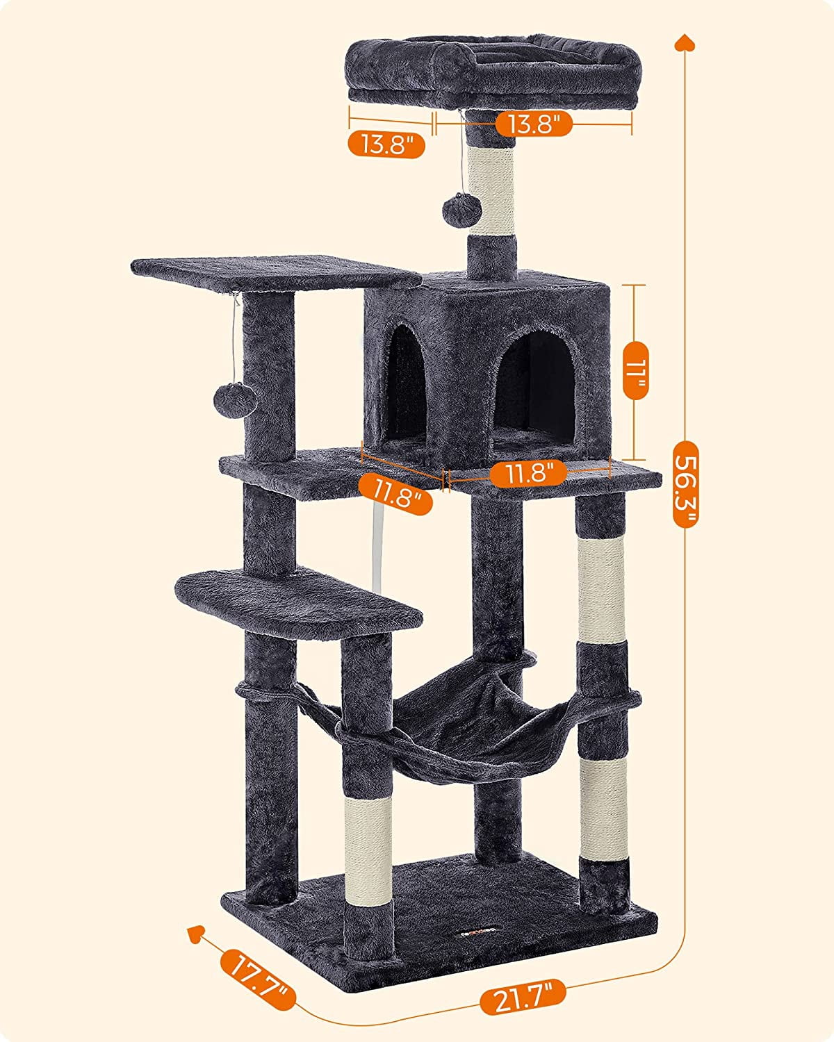 56.3'' Cat Tree Tower for Indoor Cats ,Multi-Level Cat Condo Cat Furniture with Scratching Posts, Perches, Hammock, Cave ,Smoky Gray