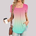 thumbnail image 2 of Womens Flowy Tunic Tops Gradient Color Trendy Pleated T-Shirts Square Neck Short Sleeve Colorblock Summer Tee (L, Pink), 2 of 5