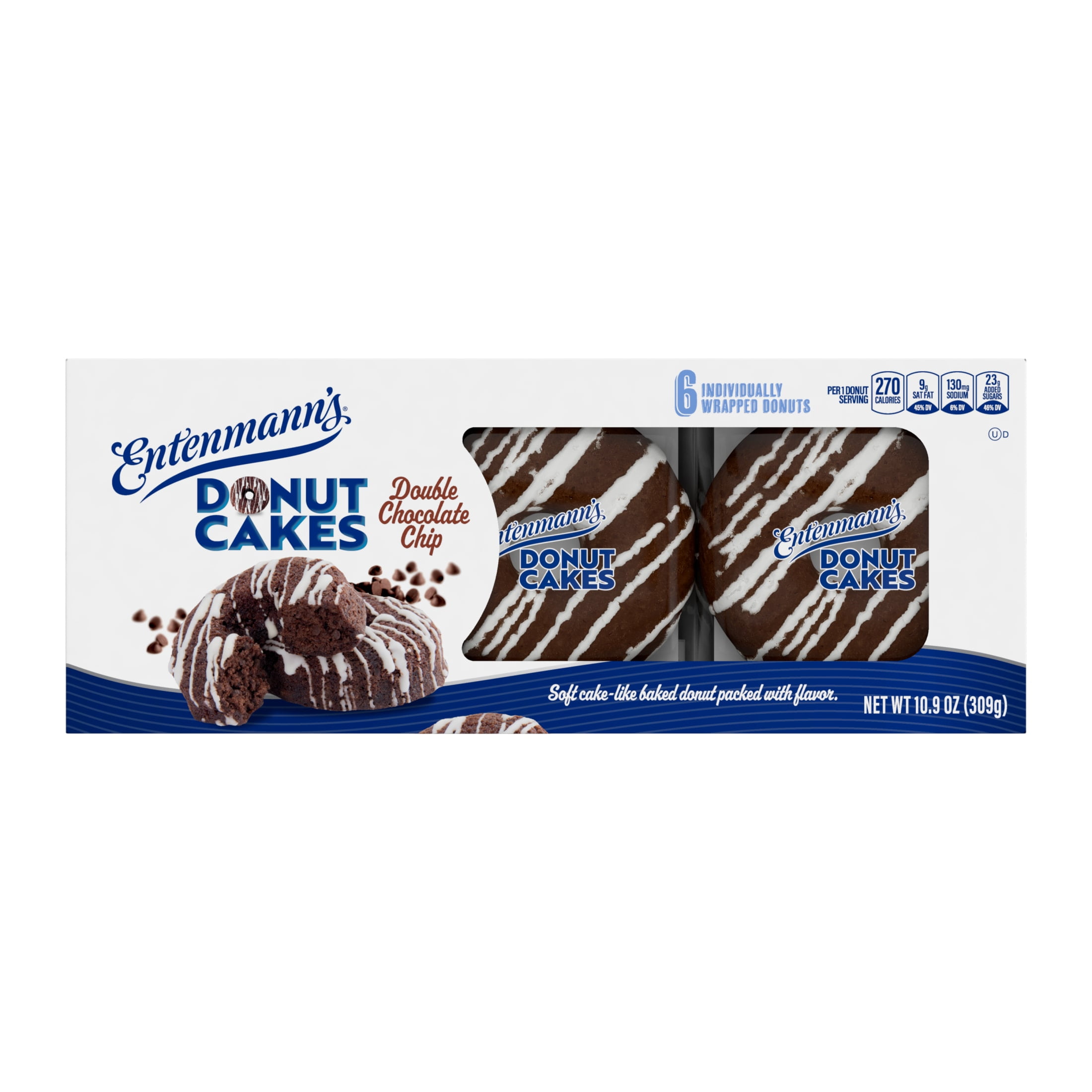 Entenmann's Donut Cakes Double Chocolate Chip Cake, 6 packs, Chocolate Donuts, 10.9 oz Box