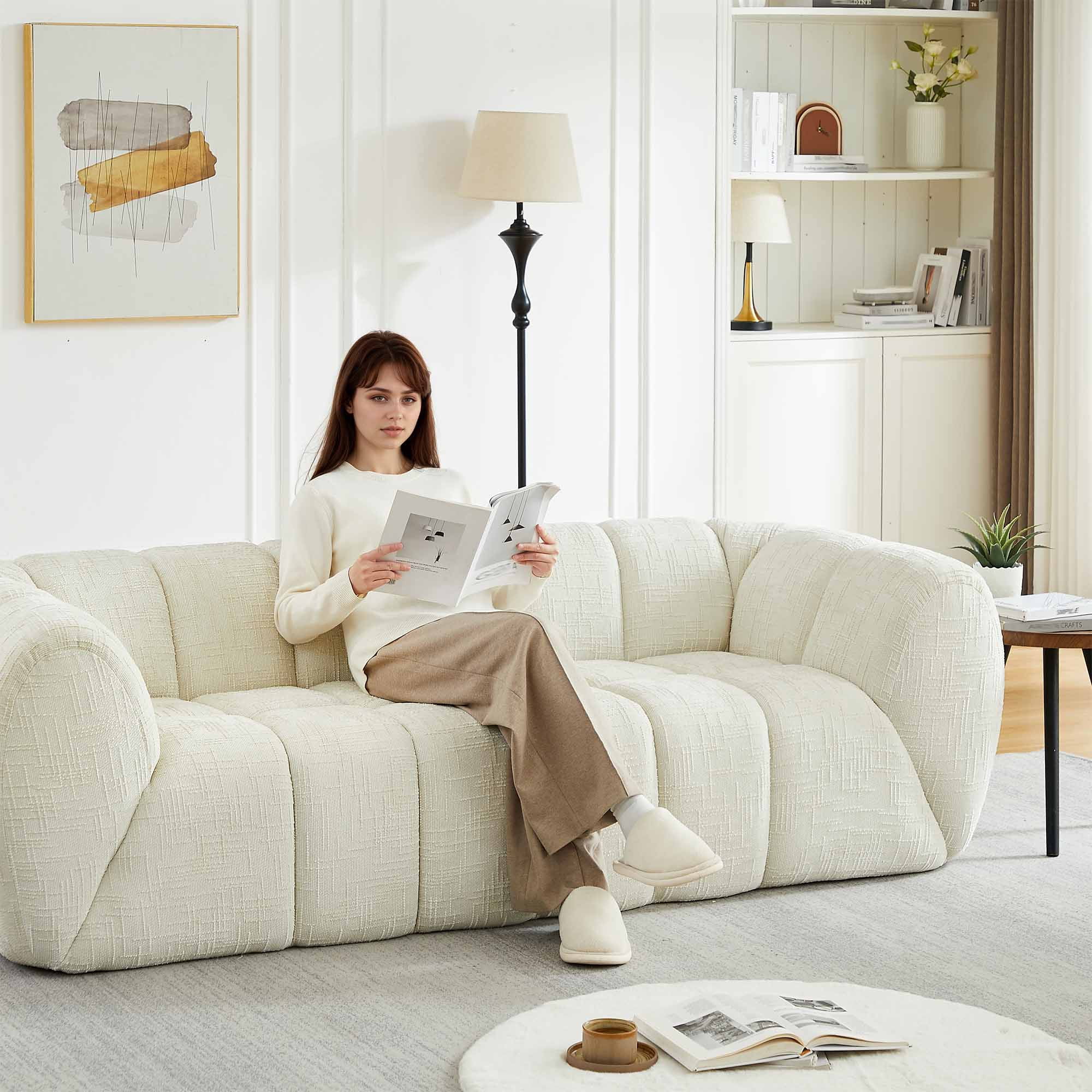Lunale 3-Seater Boneless Sofa, No Assembly Required, Modern Cloud Couch for Living Room, Apartment, Beige Chenille