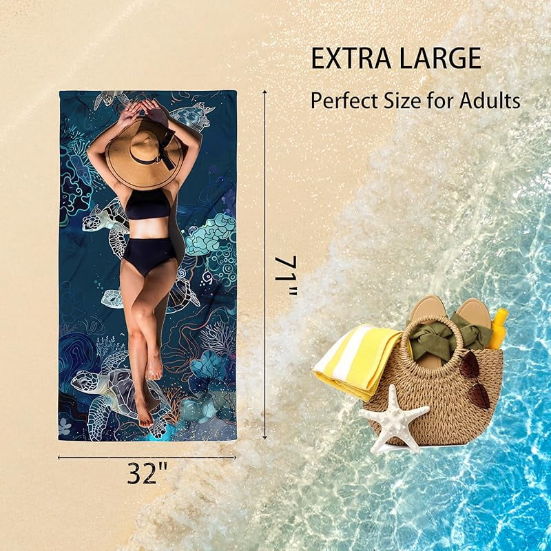 Sea Turtle Oversized Sand Free Beach Towel 71x36IN Lightweight Quick Dry Terry Towel For Travel, Swimming, Pool, And Camping, Absorbent And Compact Beach Essential For Women And Men
