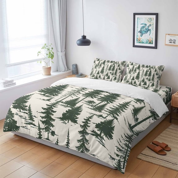 4 Pieces Duvet Cover Queen Bedding Sets Merry Christmas Tree Seamless Ultra Soft Luxury Comforter Cover Set with Bed Sheet and Decorative Pillow Shams Xmas Trees Green