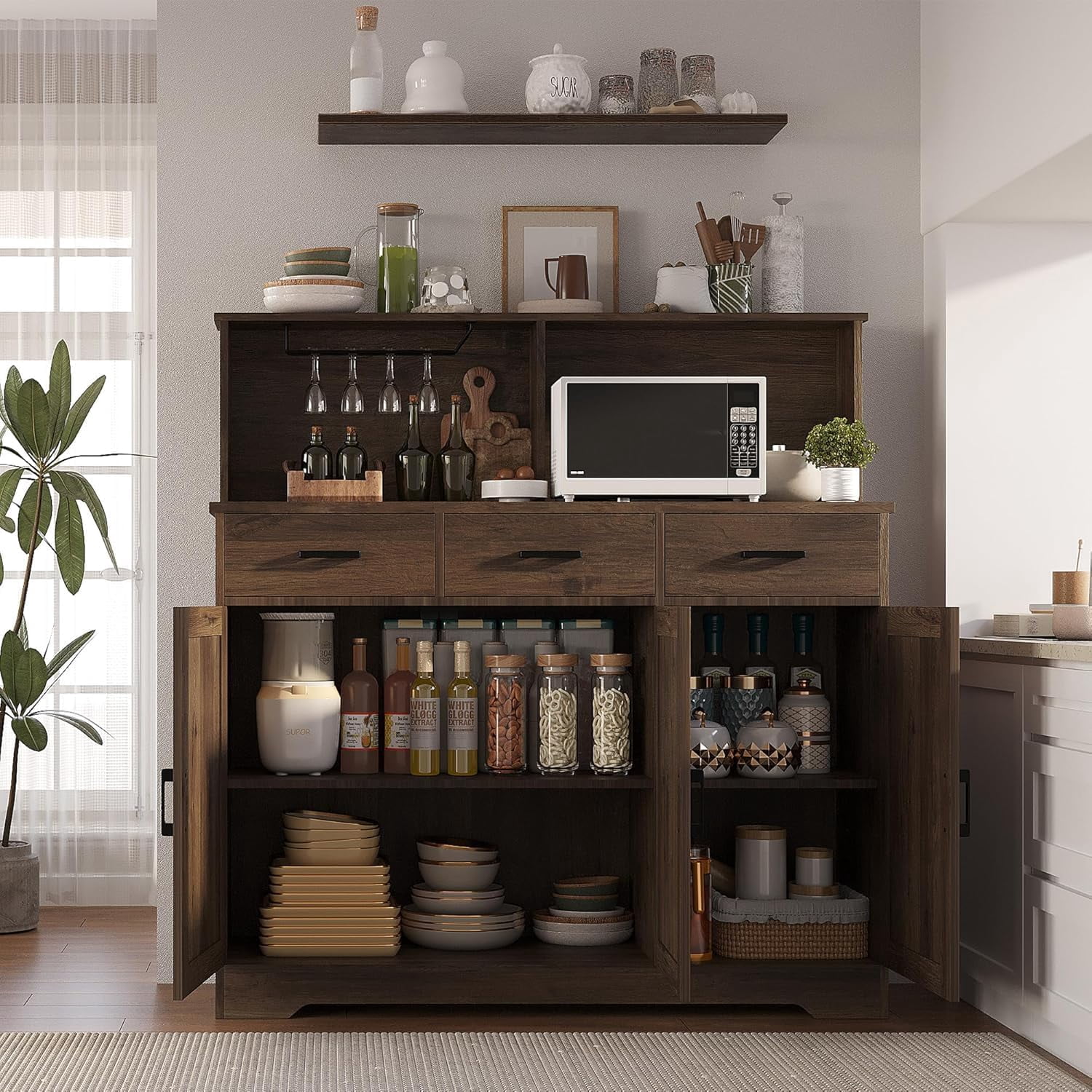 Huisuilinss Kitchen Pantry Storage Cabinet,Farmhouse Kitchen Cabinet,Food Pantry Cabinet with Microwave Stand,Barn Doors Kitchen Hutch with 3 Drawer and Shelves for Dining Room