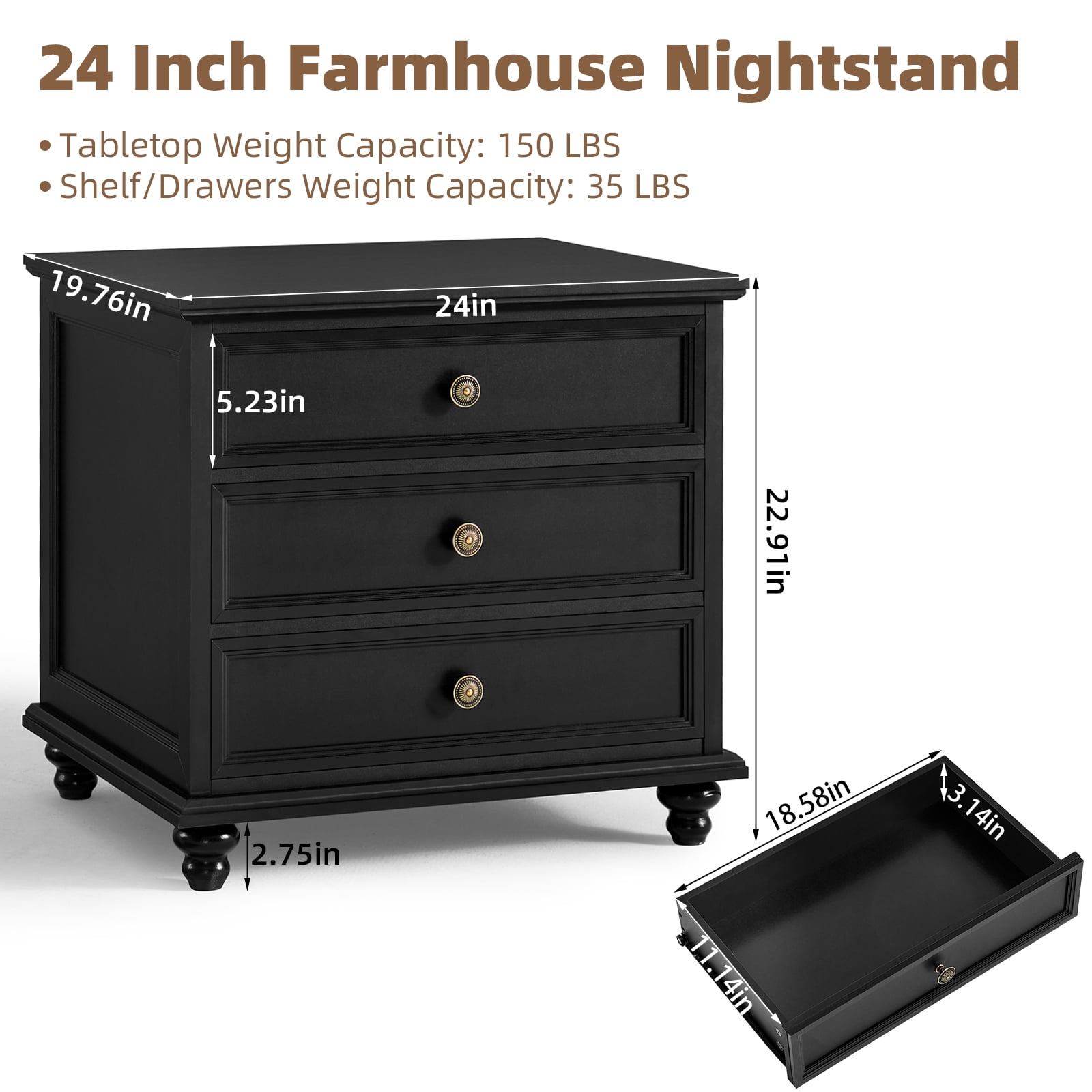 Joaxswe Farmhouse Night Stand, End Table with 3 Drawers & Metal Handle, Black Dresser for Bedroom, Bed Side Table Chest of Drawers Cabine for Living Room,Closet