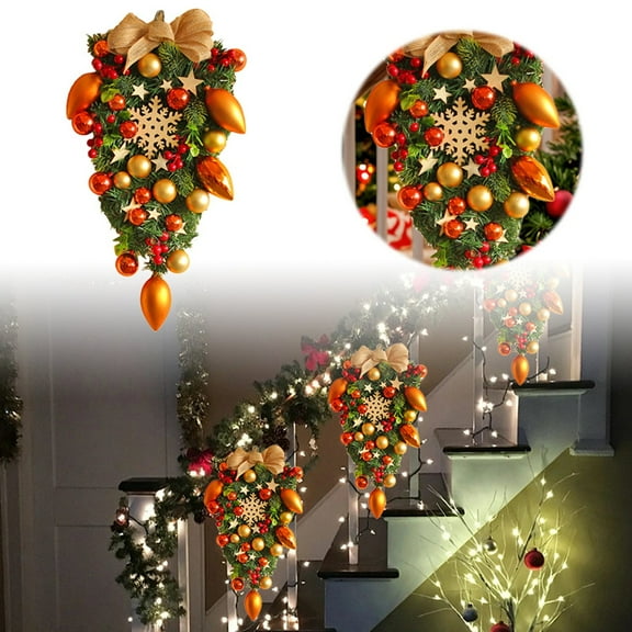 Artificial Christmas Teardrop Swag with Red Gold Ball Ornaments and Ribbon Bow,Xmas Staircase Decoration Winter Garland Hanging Pendant for Front Door Mailbox Wall Window Indoor Outdoor Holiday Decor