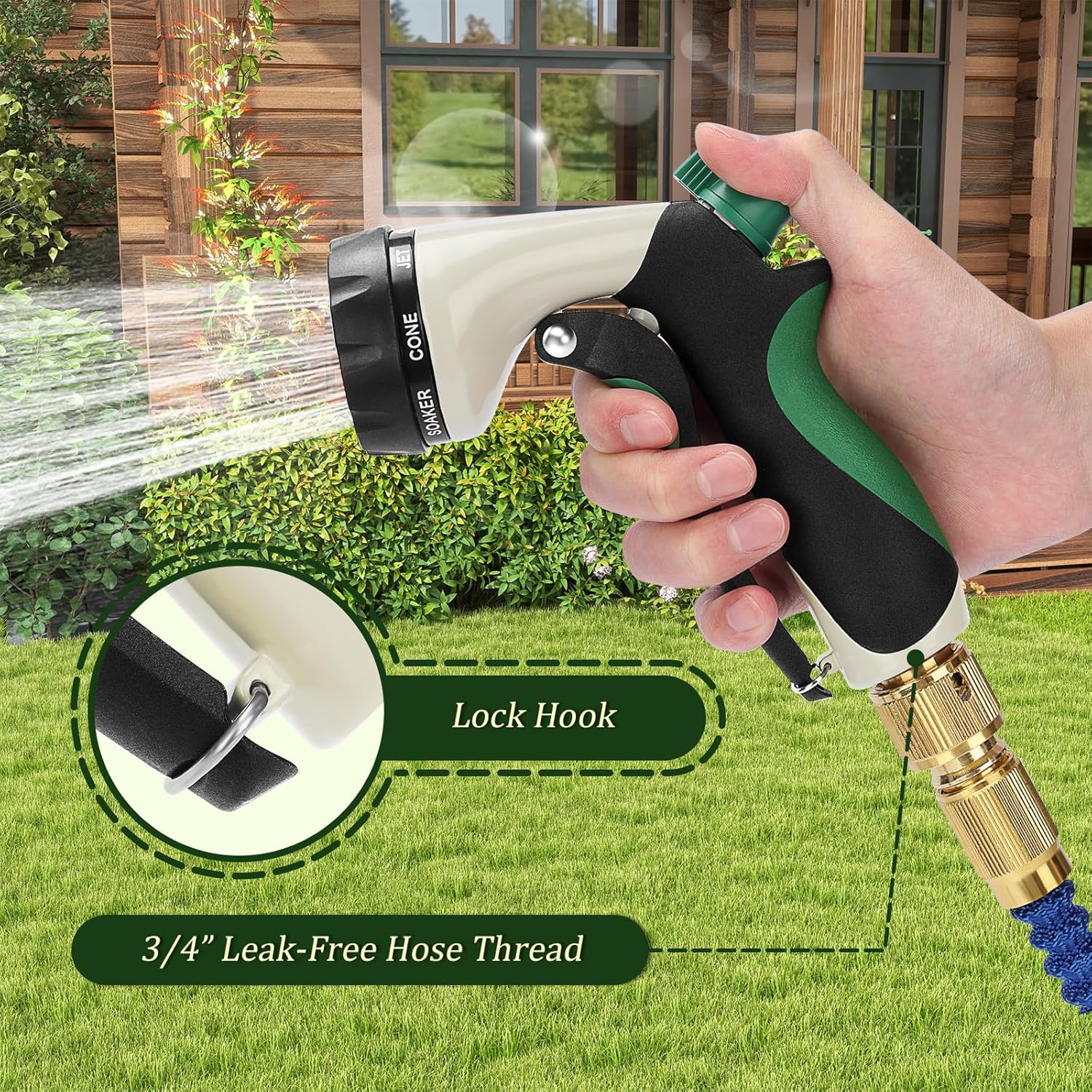 Garden Hose Nozzle, Heavy Duty Metal Water Nozzle with 8 Adjustable Spray Patterns, High Pressure Ergonomic Flow Control for Watering Plants, Lawns, Washing Cars, Pets, Black with Green