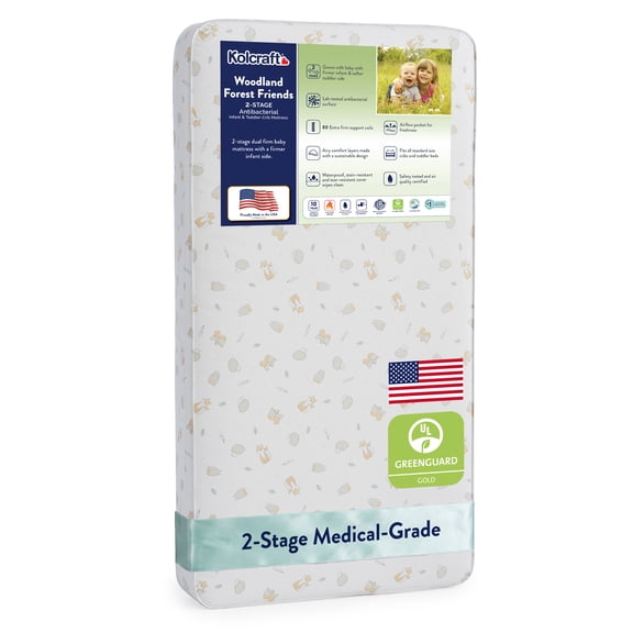 Kolcraft Dual Firm Crib Mattress, Toddler Mattress, Antibacterial Pediatric Premier Baby Mattress, Woodland Forest Crib Mattress