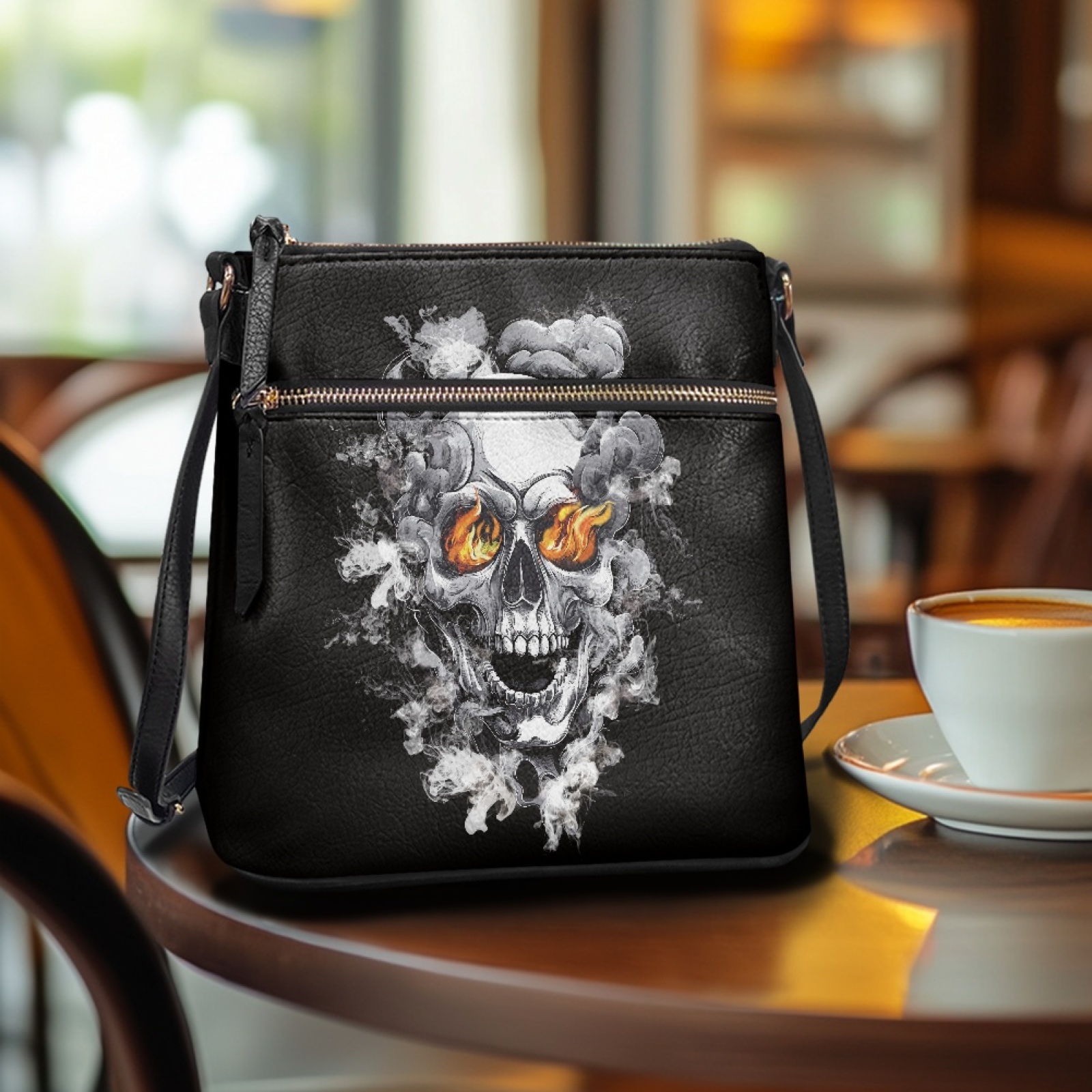 LedBack Skull Print Crossbody Purse for Women Leather Hobo Bag Satchel Handbag, Zipper Shoulder Purse with Adjustable Shoulder Strap Multi Pocket, Black and Grey
