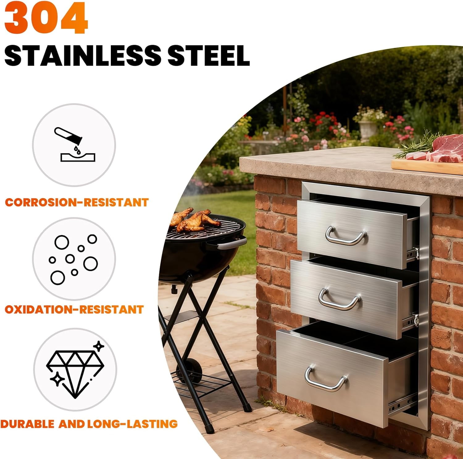 Stainless Steel Flush Mount BBQ Drawer, 18''W x 23''H x 23''D Outdoor Kitchen Cabinets, 3-Drawer BBQ Drawers with 3 x 48LBS/Tier Design for BBQ Island, Grill Area
