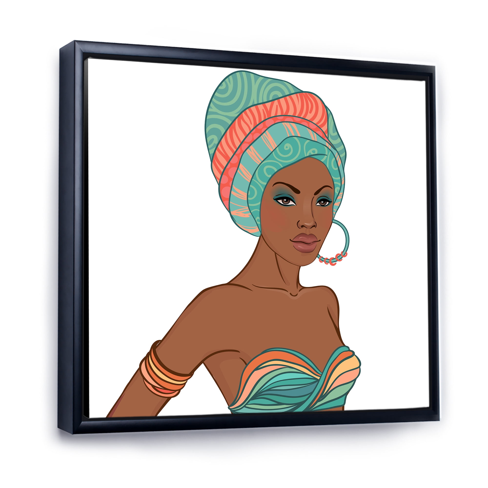 Designart 'African American Woman With Turban and Earring' Modern Framed Canvas Wall Art Print