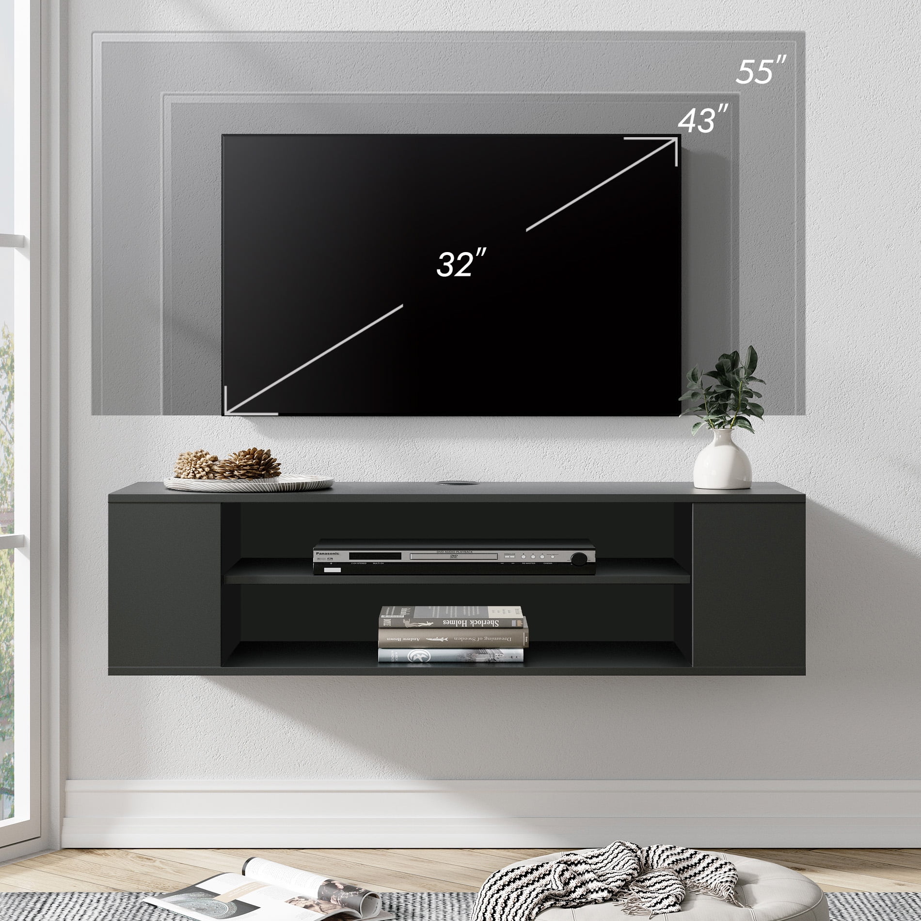 Yellow Light Floating TV Stand with Adjustable Shelves for Living Room Bedroom, Black, 39.4 inch