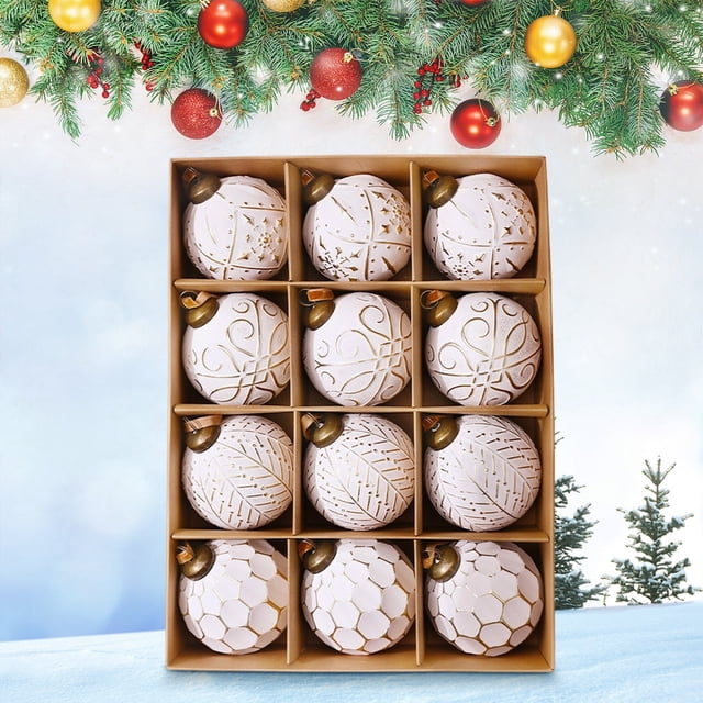12PCS Christmas Ball Ornaments Set | Plastic Holiday Tree Decorations | Assorted Sizes and Styles | Easy Hang Strings | Multi-Purpose for Trees Wreaths Garlands Party Decor