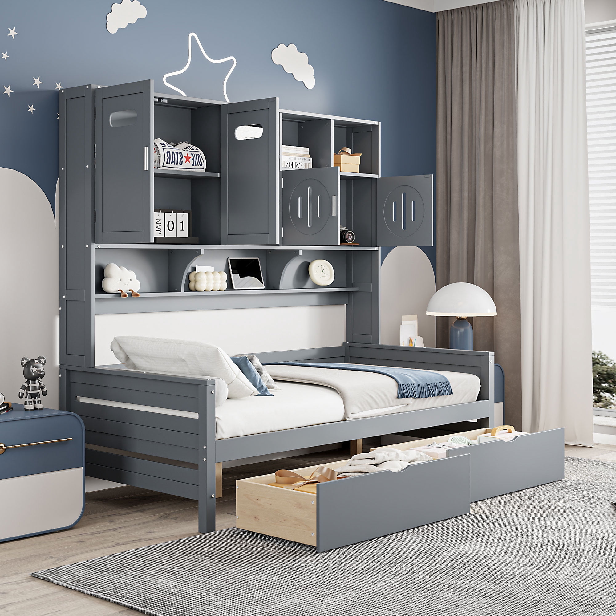 Mintazer Twin Platform Bed with Side Bookcase & 2 Drawers and 2 Cabinets, All-in-One Wood Storage Daybed Frame for Kids Teens Bedroom Guest Room, Grey