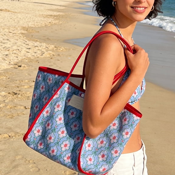 Breathable Openwork Mesh Fabric, 22.44 Inch Large Capacity Beach Bag, Colour Blocked Travel Organiser, for Summer Holiday Shoppers