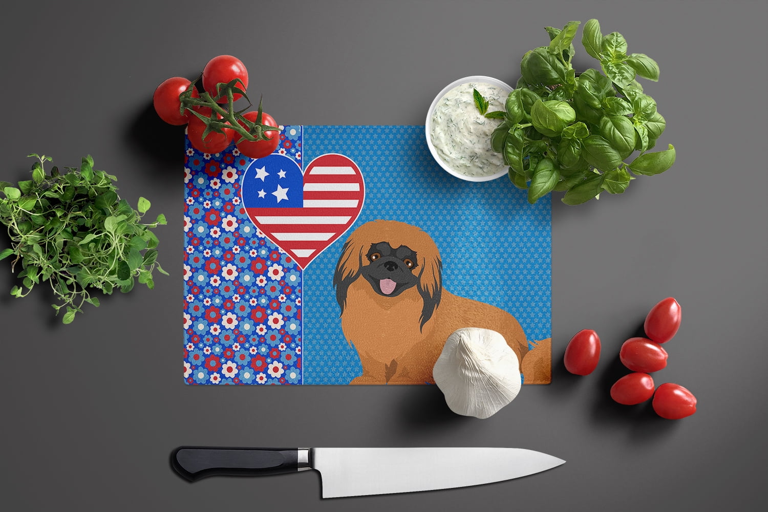 Red Pekingese Glass Cutting Board Large 12 in x 15 in