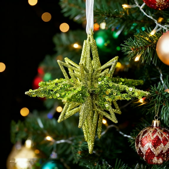 YOHAVEN Christmas Explosion Star Ornament Green 5" Hanging Decoration for Tree, Holiday Scene, Party, Gifts, Garland, Indoor Outdoor Christmas Decorations, Festive Tree Accessories, Xmas Decor
