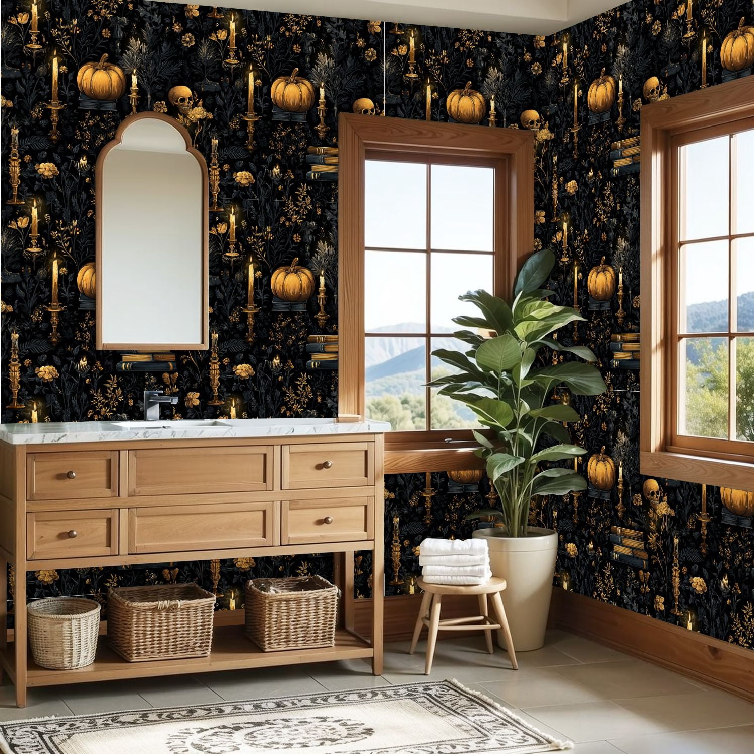 Peel and Stick Wallpaper Vintage Candlelit Pumpkin Books Floral Skeleton Botanicals Wall Mural 23.6in x 9.8ft Self Adhesive Removable Wall Paper Renter Friendly Wallpaper for Bedroom Cabinets