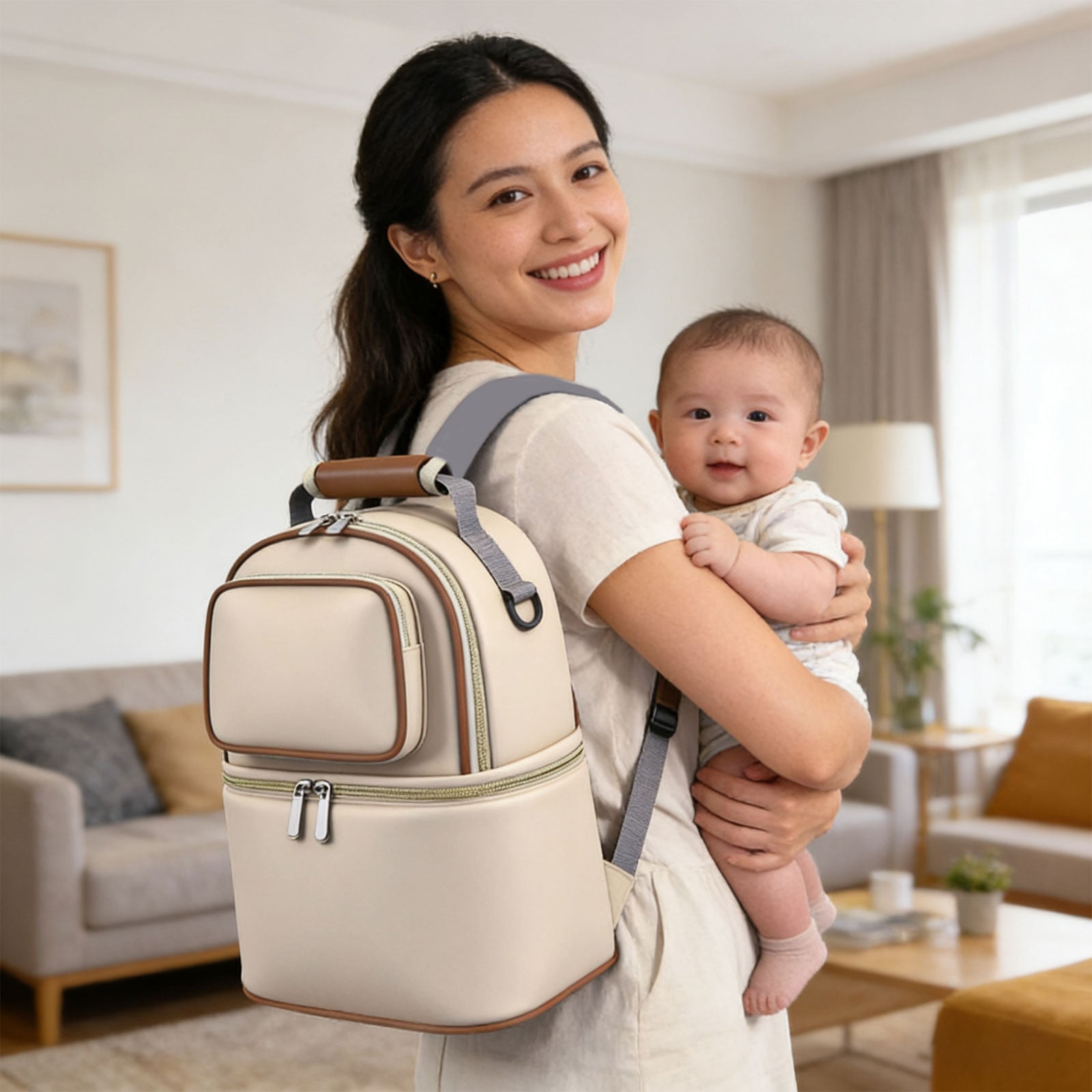 Multi Functional Mom Portable Insulated Double Layer Backpack for Mother and Baby, Large Diaper Bag with Thermal Pocket for Bottles, Waterproof Travel Bag for Outing