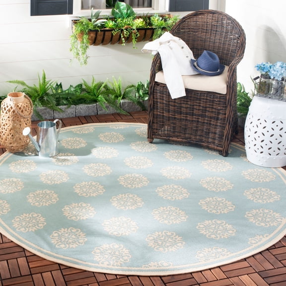 SAFAVIEH Beach House Callahan Geometric Indoor/Outdoor Area Rug Aqua/Cream, 6'7" x 6'7" Round