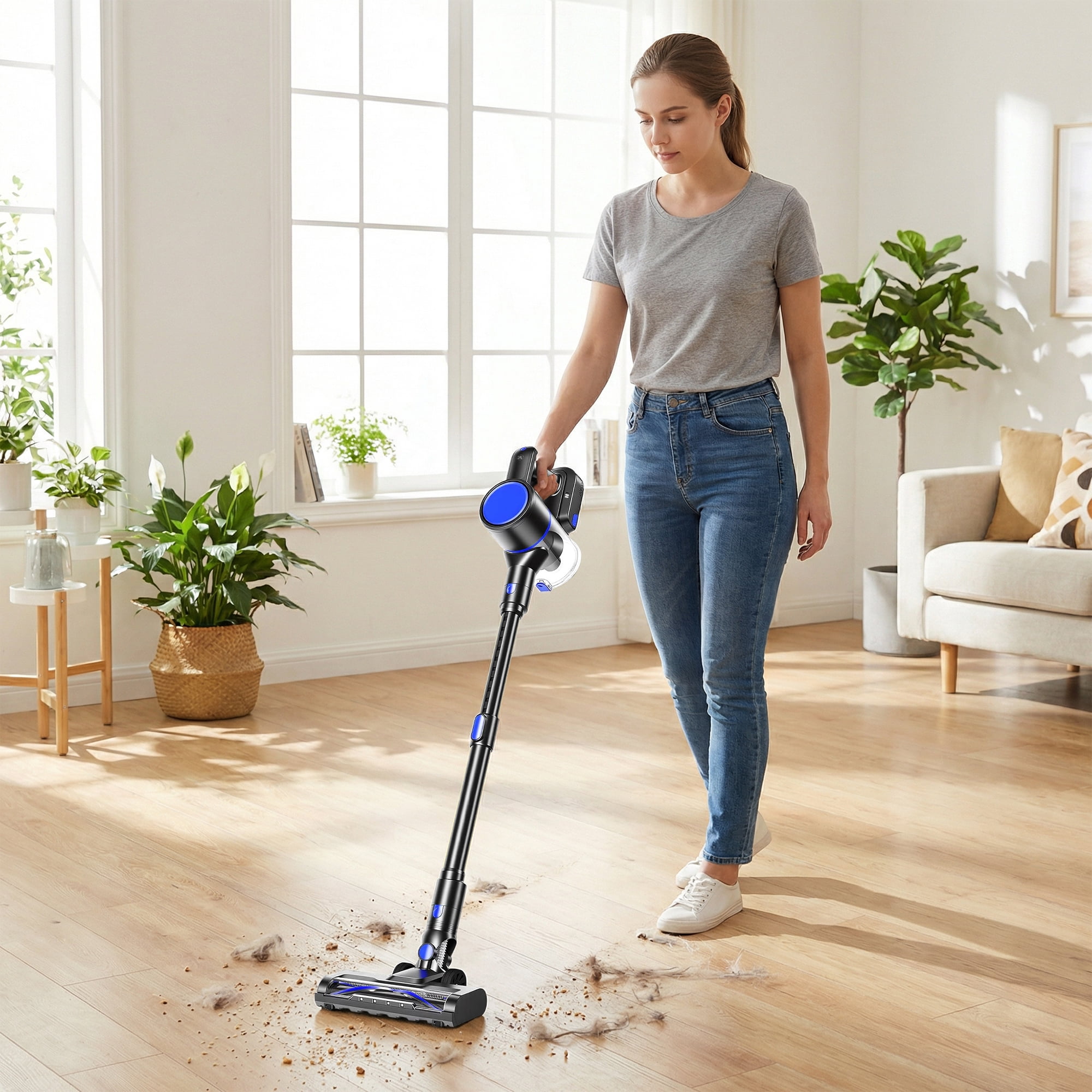 Atilioo Cordless Vacuum Cleaner for Home, Removable Handheld Lightweight Stick Vacuum with LED Headlights for Pet Hair, Hard Floor, Carpet, Blue
