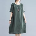 thumbnail image 5 of HAPIMO Women's Midi Cotton Dress with Pocket Solid Color Tops Short Sleeve Clothing Round Neck Elegant Casual Comfy Summer Dresses for Female Green, 5 of 5