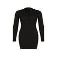thumbnail image 3 of Women Zipper Front Deep V Neck Bodycon Party Dresses Solid Color Turtleneck Long Sleeve Mini Club Dresses, 3 of 9
