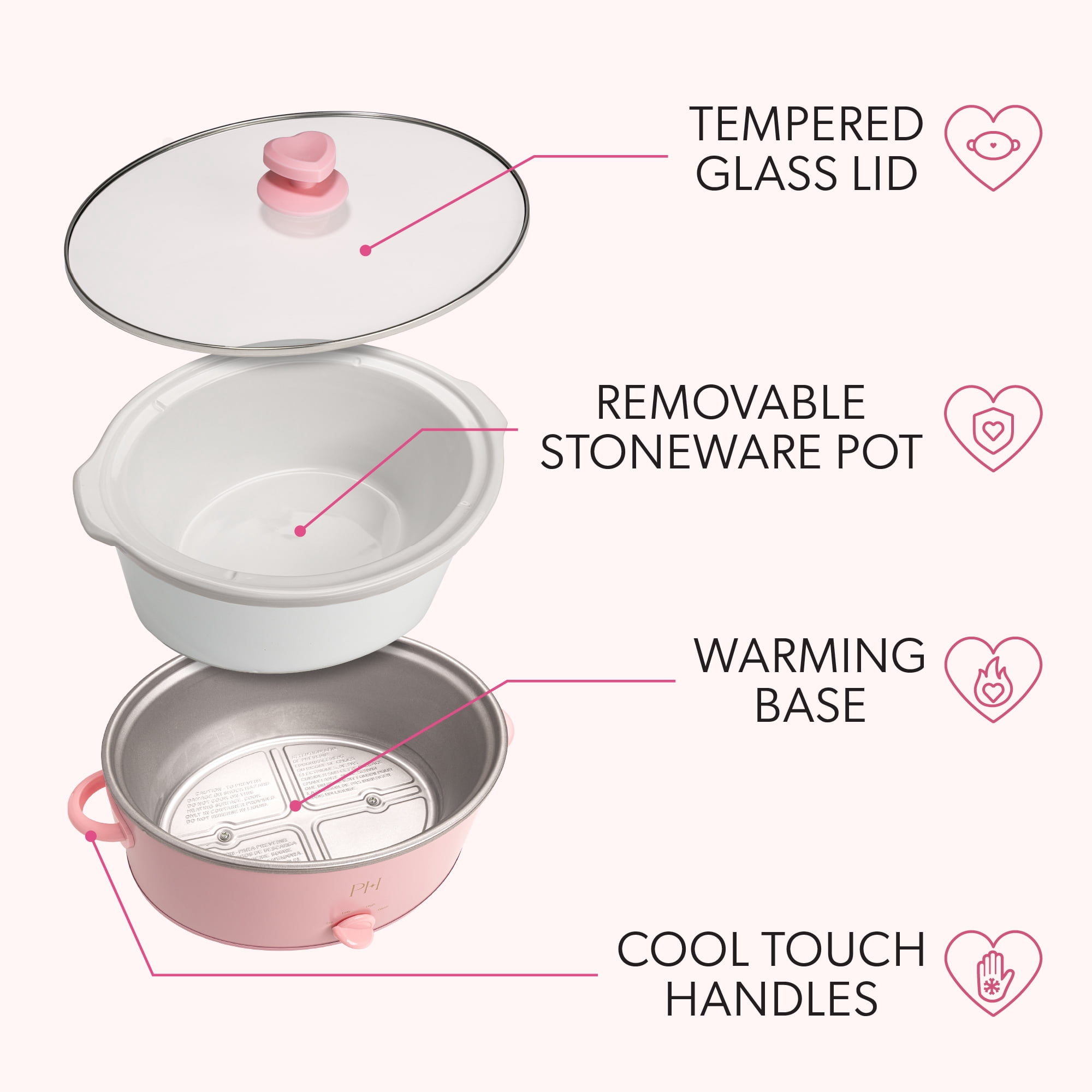 Paris Hilton 7-Quart Manual Slow Cooker with Removable Stoneware Pot and Tempered Glass Lid, 3 Heat Settings, Pink