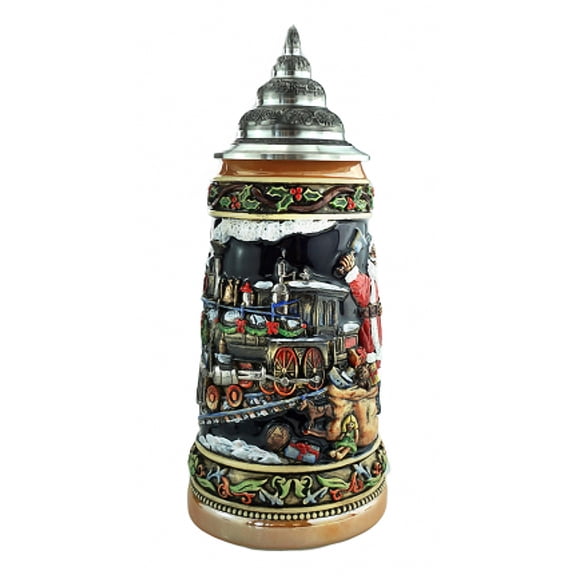 German Beer Stein 0,75 liter tankard, Santa's Train Stein, blue, unpainted with pewter lid