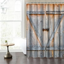 Barn Door Shower Curtain for Bathroom, Farmhouse Wood Door Shower Curtains 84x72inches Neutral Fabric Waterproof Shower Curtains Set for Stall RV Hotel with Hooks